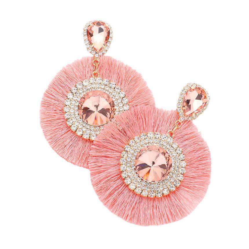 Teardrop Round Stone Accented Tassel Fringe Dangle Earrings - Madeline Love - Flyclothing LLC