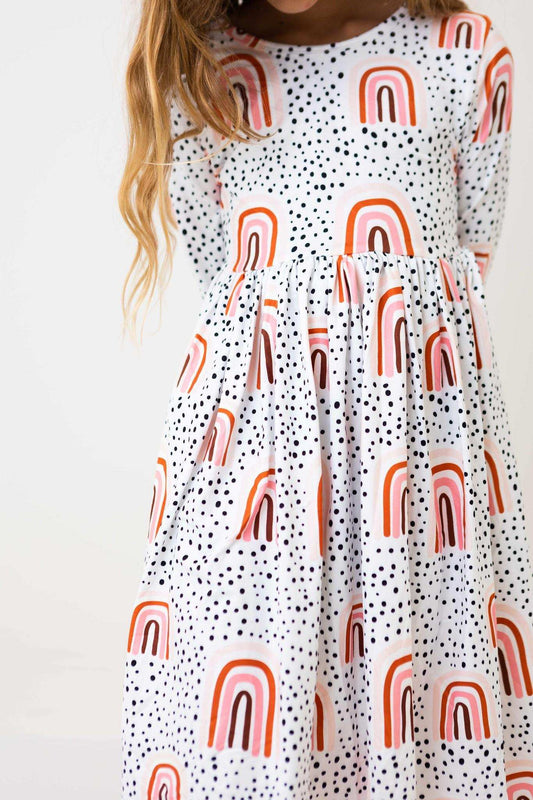 Peach Rainbow 3/4 Sleeve Pocket Twirl Dress - Mila & Rose ® - Flyclothing LLC