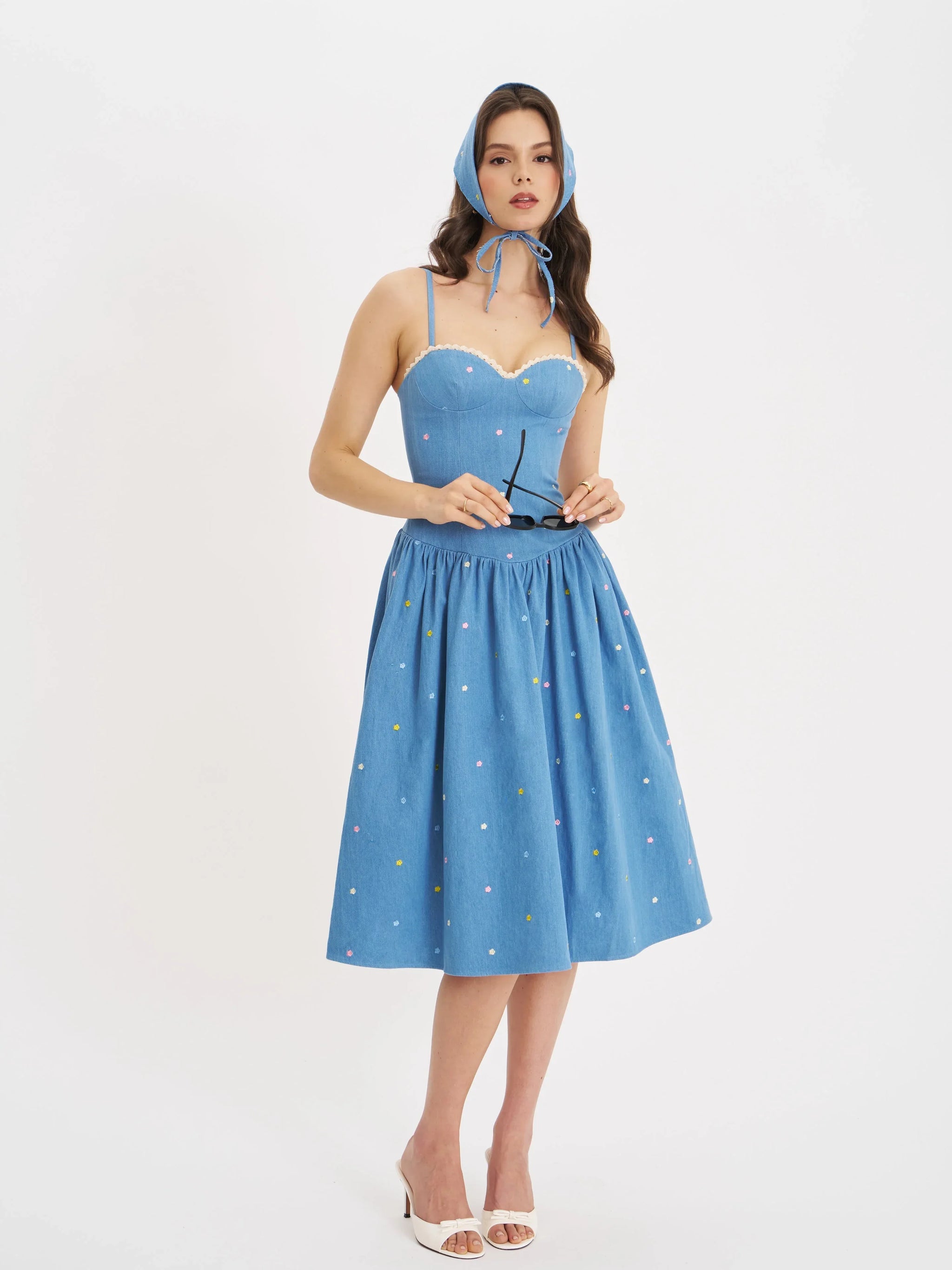 Zadie Cotton Denim Drop Waist Embroidery Flower Midi Dress - Miss Circle - Flyclothing LLC