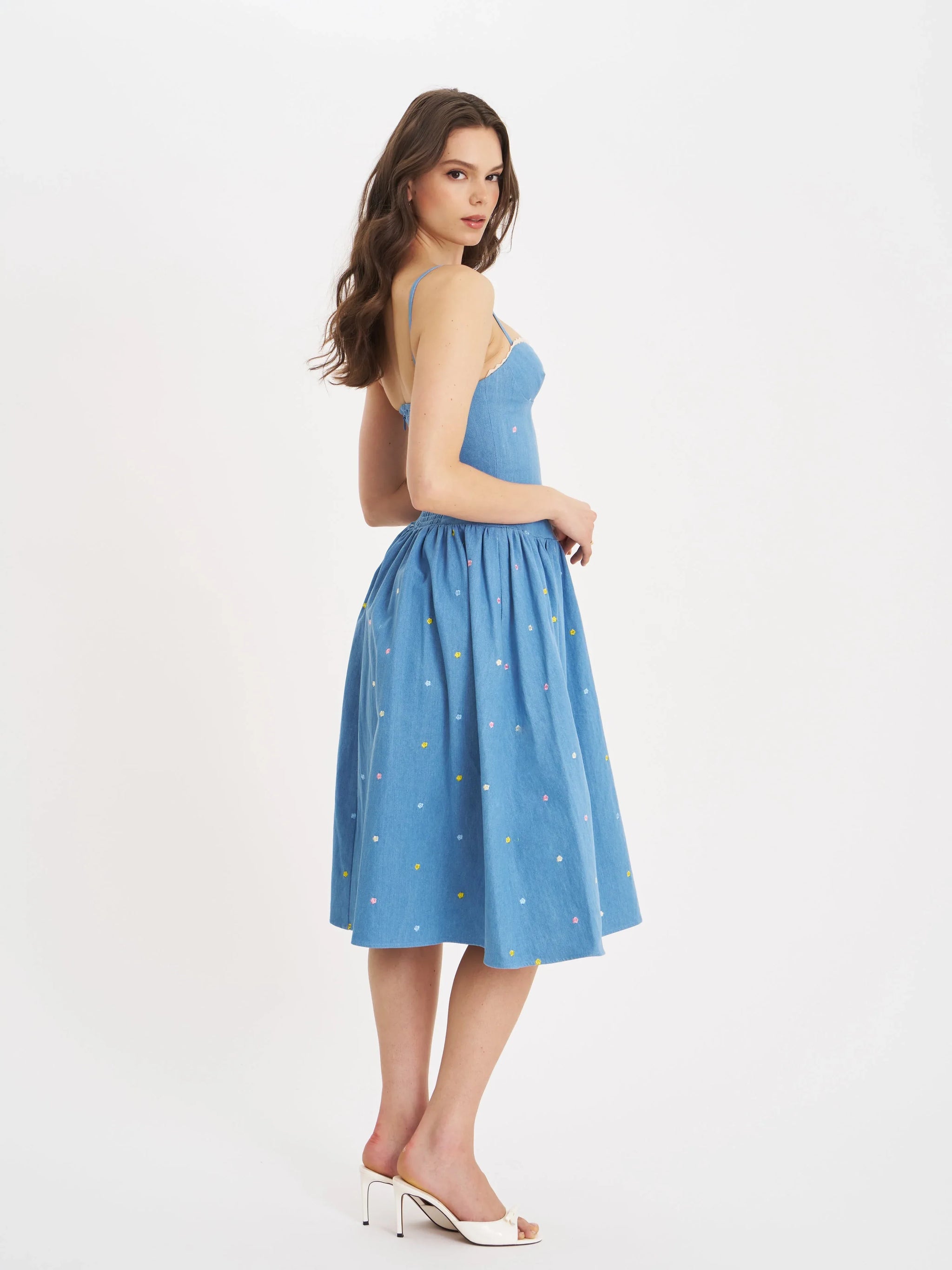 Zadie Cotton Denim Drop Waist Embroidery Flower Midi Dress - Miss Circle - Flyclothing LLC