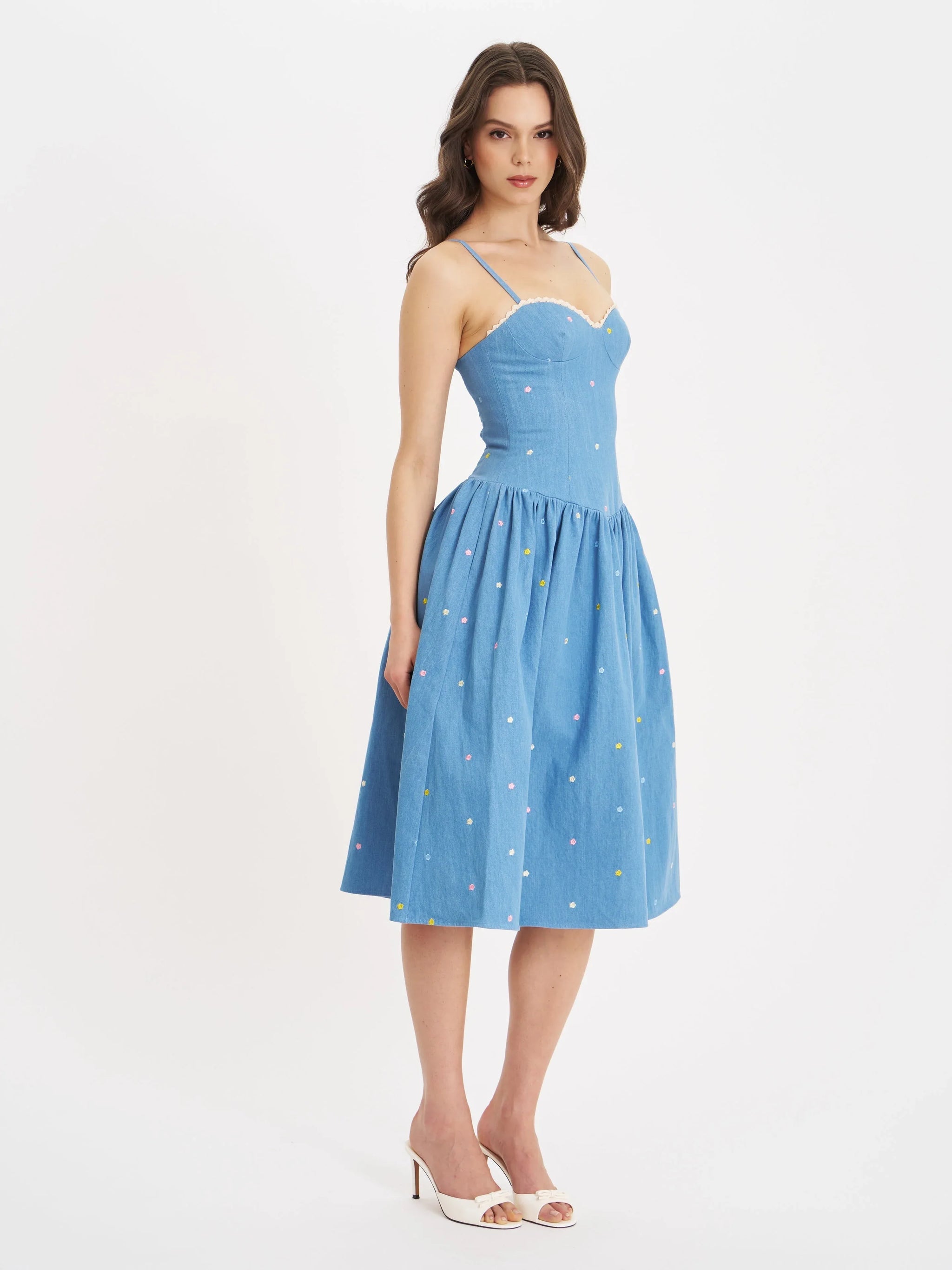 Zadie Cotton Denim Drop Waist Embroidery Flower Midi Dress - Miss Circle - Flyclothing LLC