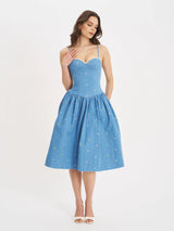 Zadie Cotton Denim Drop Waist Embroidery Flower Midi Dress - Miss Circle - Flyclothing LLC