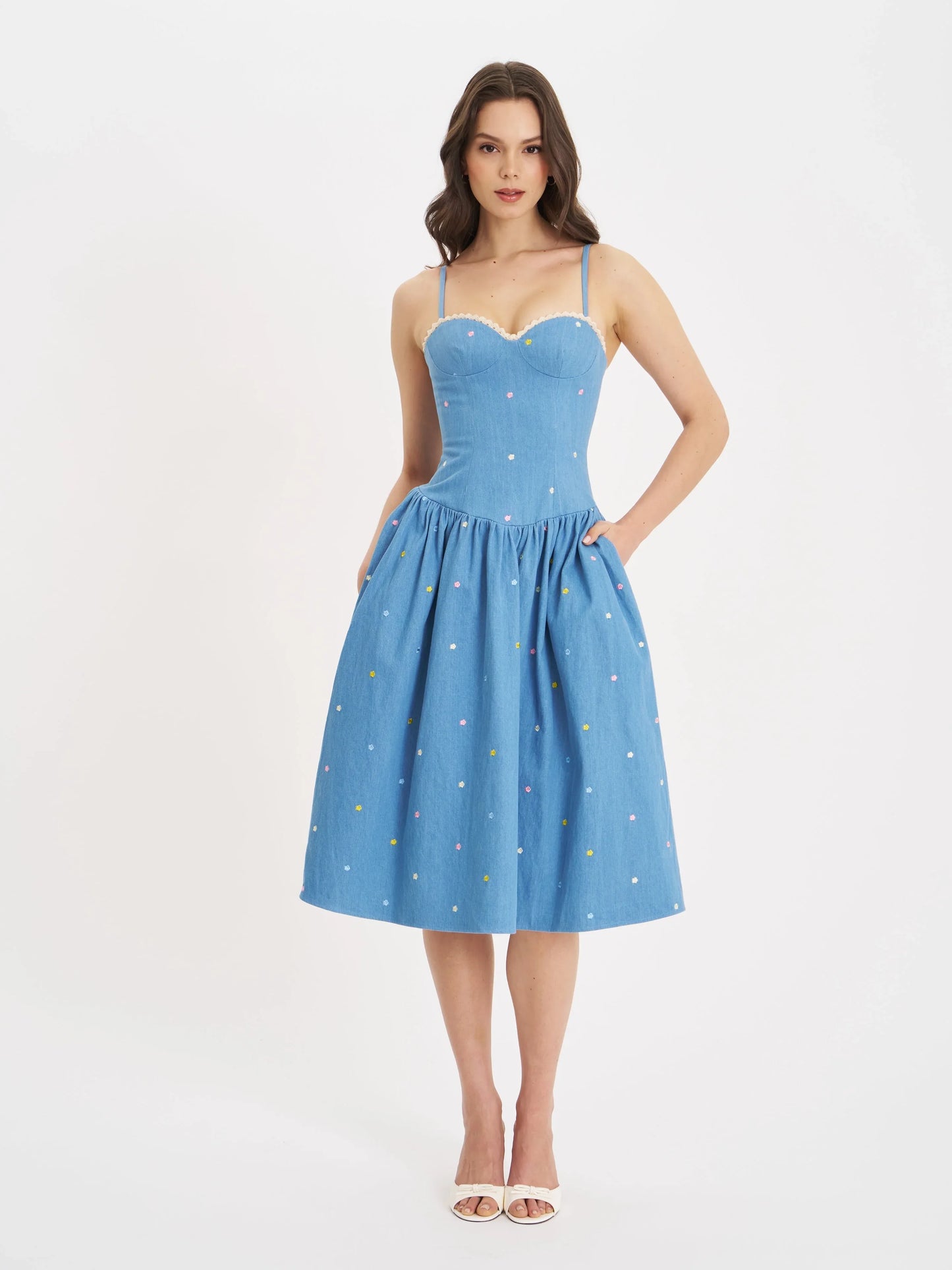 Zadie Cotton Denim Drop Waist Embroidery Flower Midi Dress - Miss Circle - Flyclothing LLC