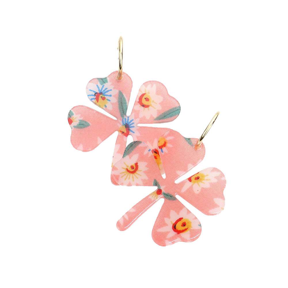 Flower Patterned Resin Clover Dangle Earrings - Madeline Love - Flyclothing LLC
