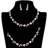 3PCS Flower Leaf Cluster Rhinestone Necklace Jewelry Set - Madeline Love - Flyclothing LLC