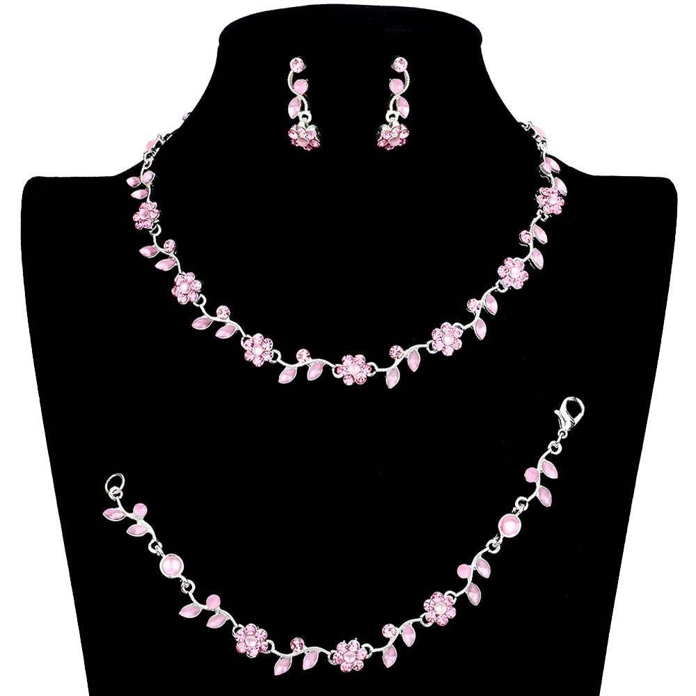 3PCS Flower Leaf Cluster Rhinestone Necklace Jewelry Set - Madeline Love - Flyclothing LLC