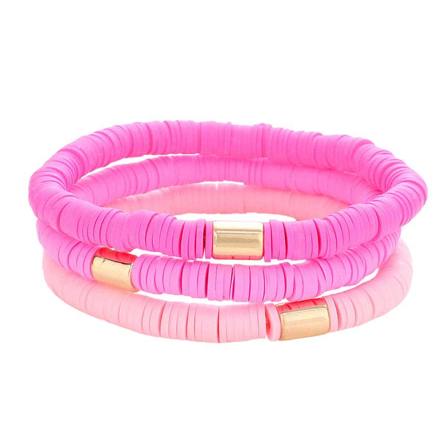 3PCS Metal Cylinder Heishi Beaded Stretch Bracelets - Madeline Love - Flyclothing LLC