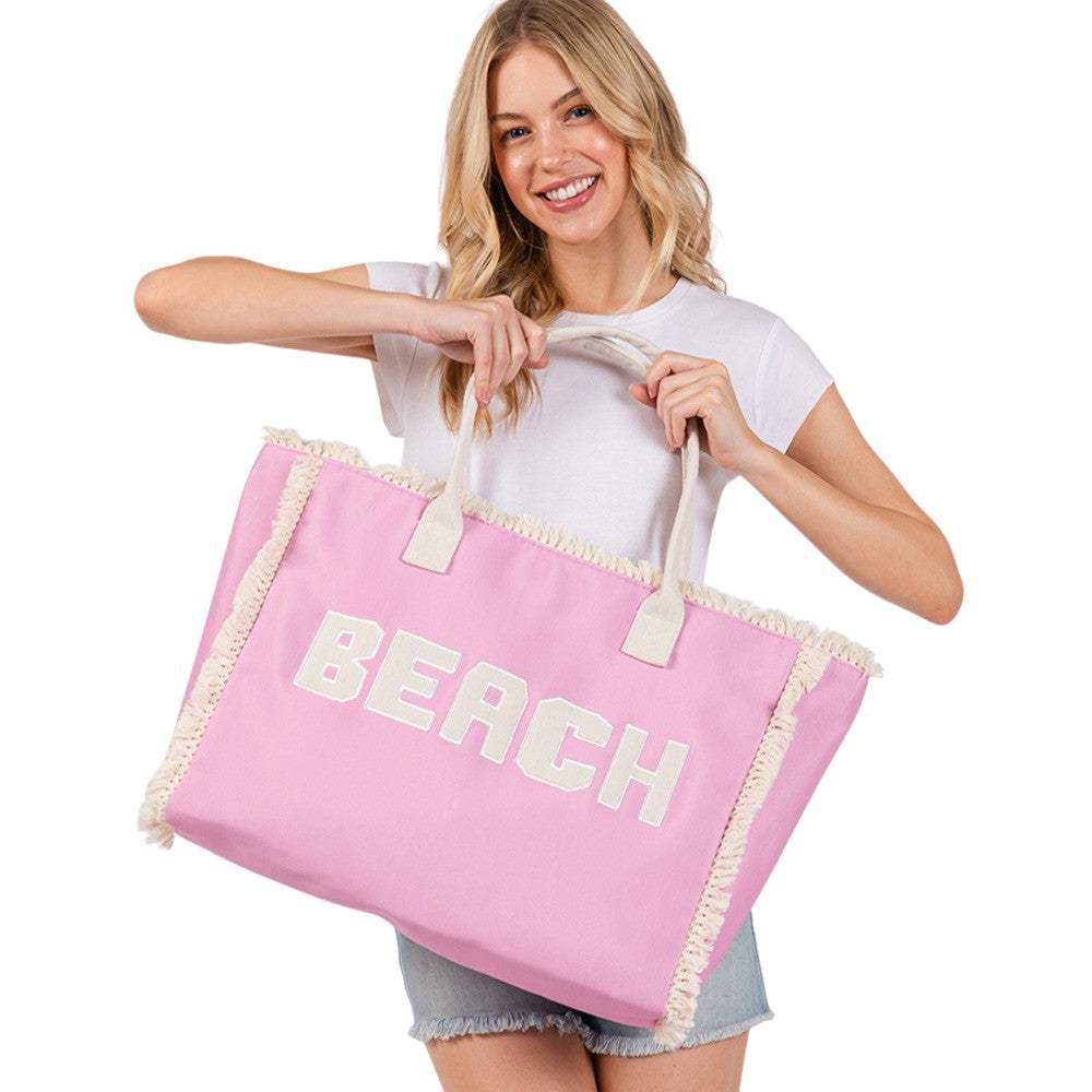 BEACH Message Embroidered Fringe Tote Bag / Beach Bag - Madeline Love - Flyclothing LLC