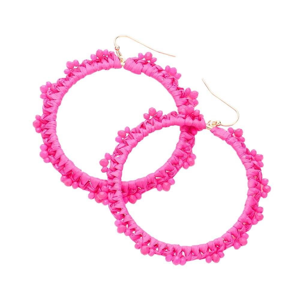 Beaded Pointed Raffia Wrapped Open Circle Dangle Earrings - Madeline Love - Flyclothing LLC