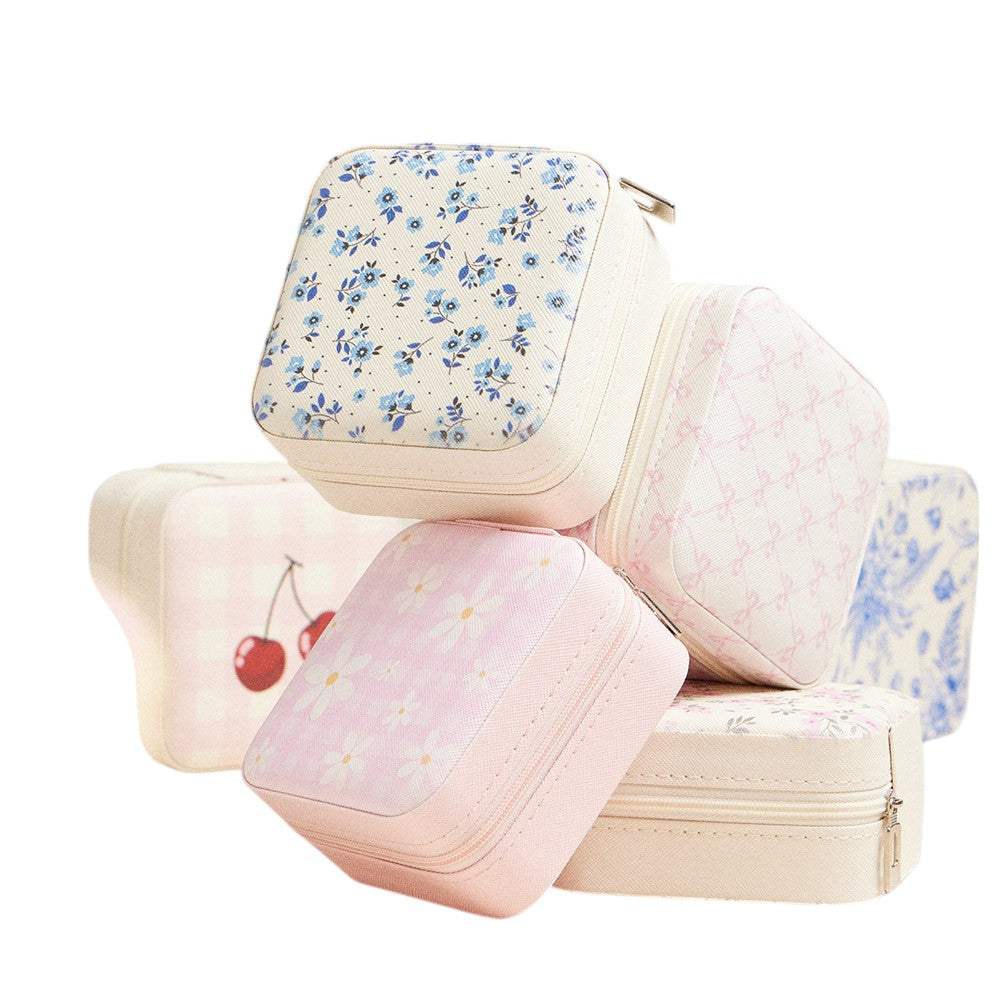 Pink Bow Pattern Portable Square Jewelry Box - Madeline Love - Flyclothing LLC