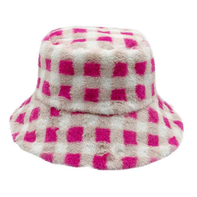 Checkered Faux Fur Bucket Hat - Madeline Love - Flyclothing LLC