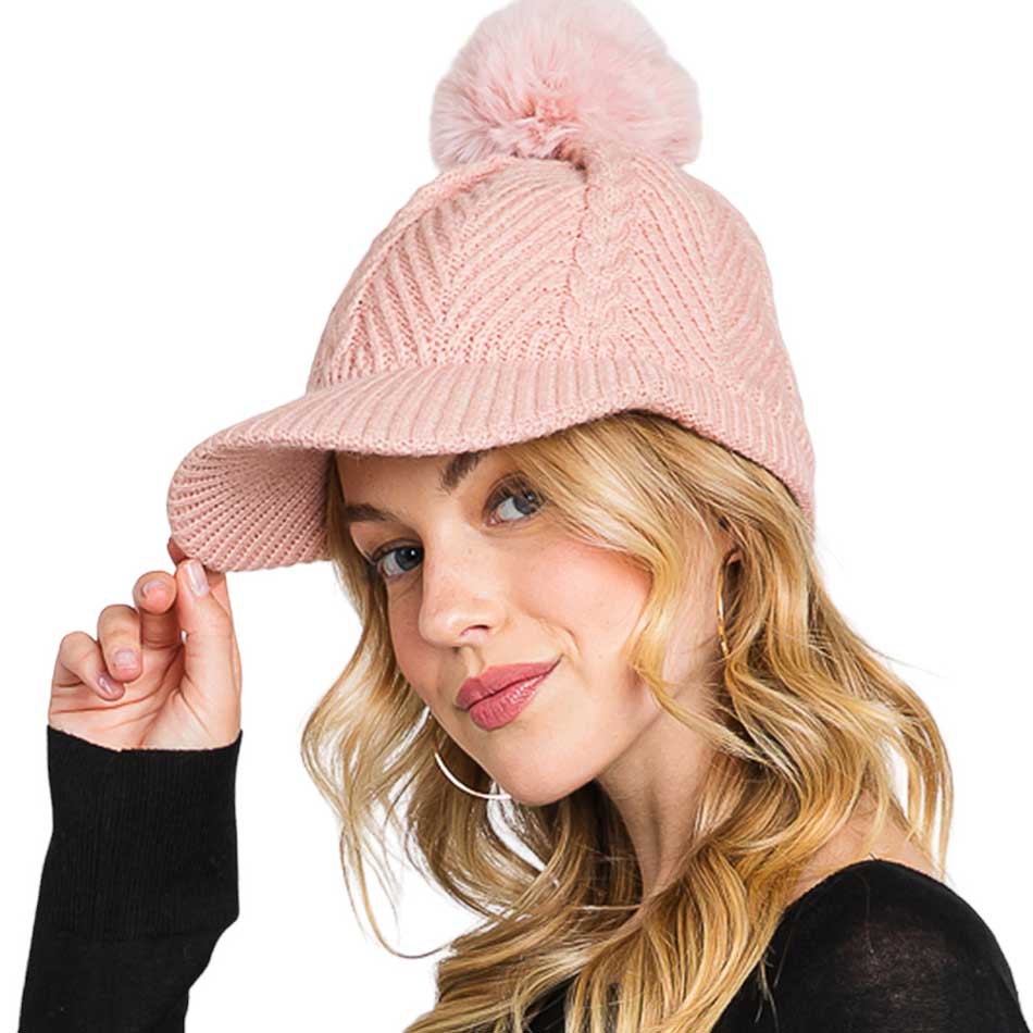 Chevron Patterned Faux Fur Pom Pom Knit Cap - Madeline Love - Flyclothing LLC