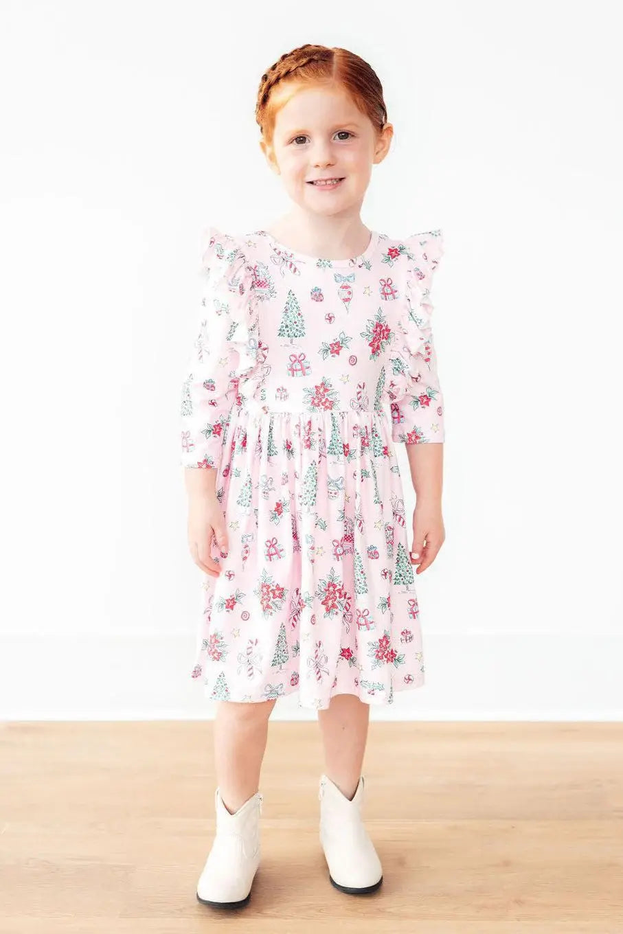 Pink Christmas 3/4 Sleeve Ruffle Twirl Dress - Mila & Rose ® - Flyclothing LLC