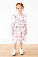 Pink Christmas 3/4 Sleeve Ruffle Twirl Dress - Mila & Rose ® - Flyclothing LLC