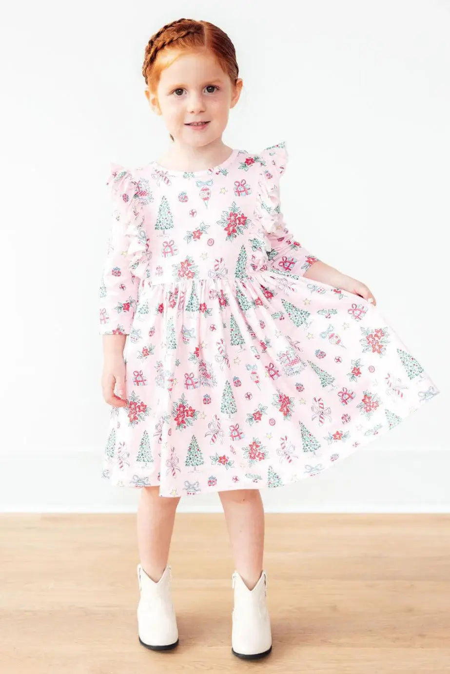 Pink Christmas 3/4 Sleeve Ruffle Twirl Dress - Mila & Rose ® - Flyclothing LLC