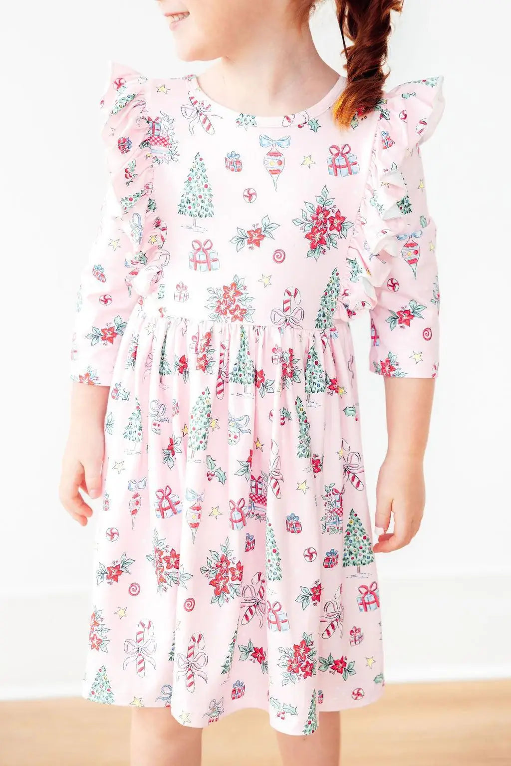 Pink Christmas 3/4 Sleeve Ruffle Twirl Dress - Mila & Rose ® - Flyclothing LLC