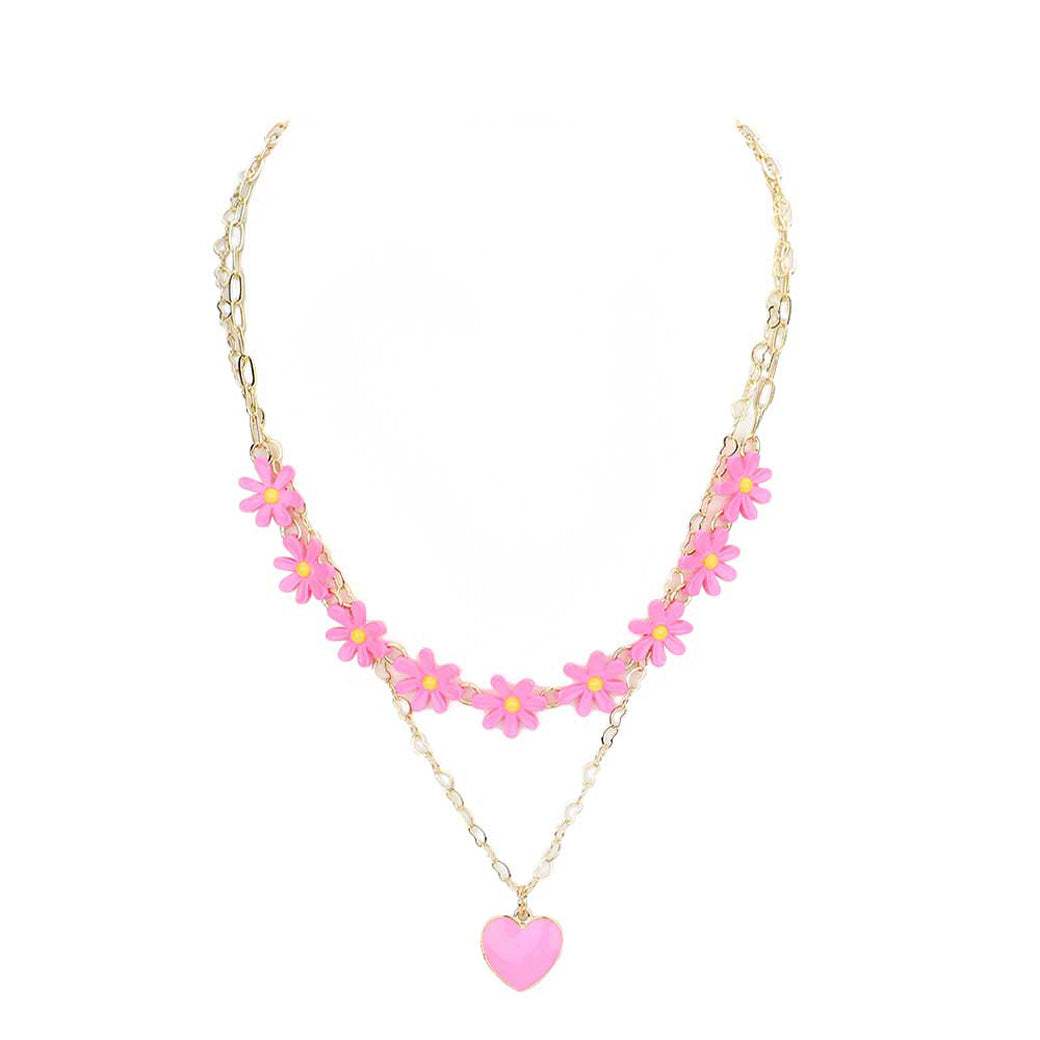Enamel Heart Pendant Flower Link Double Layered Necklace - Madeline Love - Flyclothing LLC
