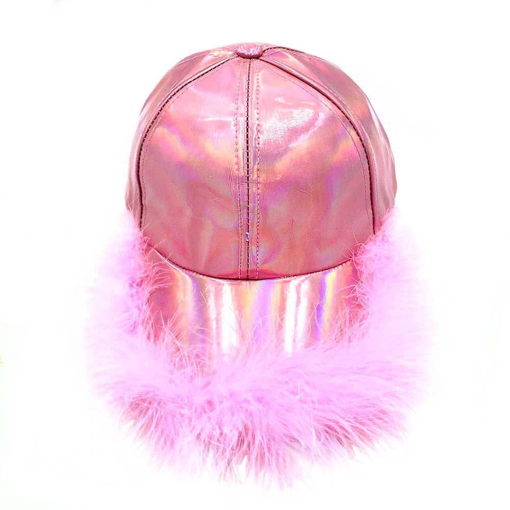 Faux Feather Trimmed Hologram Baseball Cap - Madeline Love - Flyclothing LLC