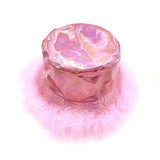 Faux Fur Trimmed Hologram Bucket Hat - Madeline Love - Flyclothing LLC