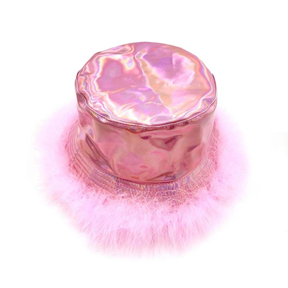 Faux Fur Trimmed Hologram Bucket Hat - Madeline Love - Flyclothing LLC