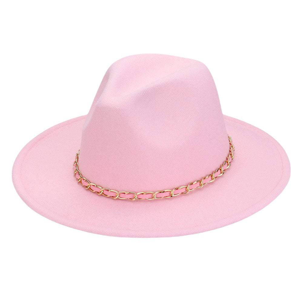 Faux Leather Braided Chain Band Pointed Fedora Hat - Madeline Love - Flyclothing LLC