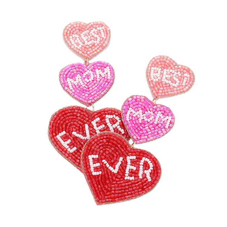 BEST MOM EVER Message Triple Heart Beaded Dropdown Earrings - Madeline Love - Flyclothing LLC