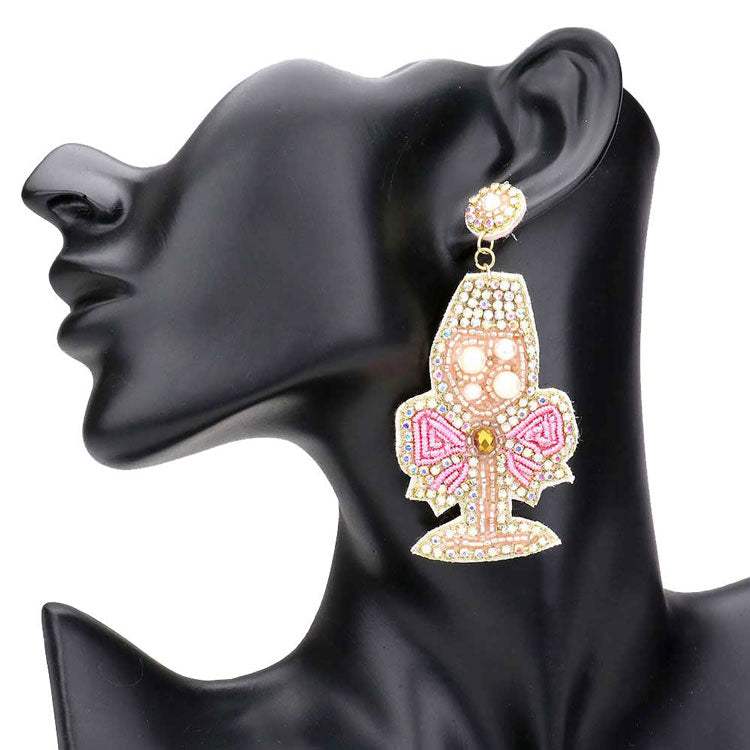 Felt Back Beaded Pearl Embellished Champagne Dangle Earrings - Madeline Love - Flyclothing LLC