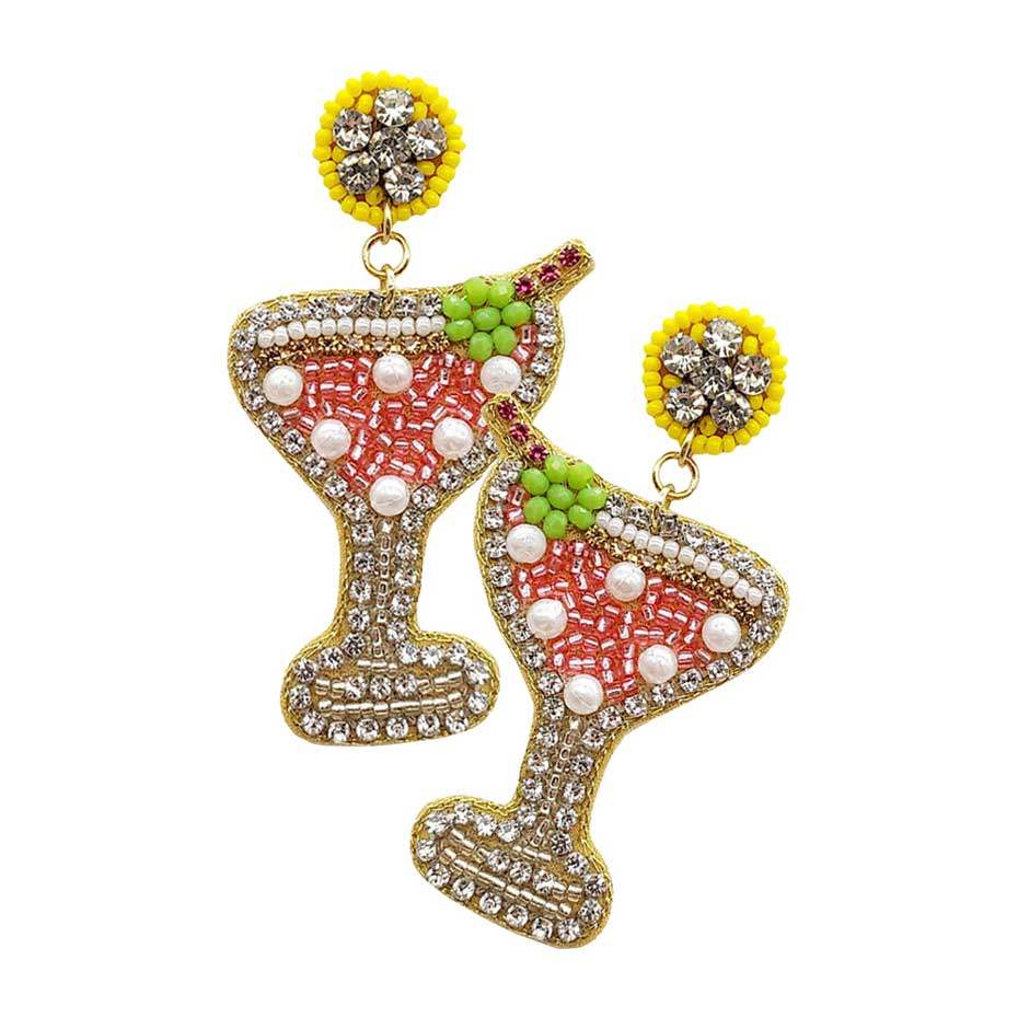 Felt Back Martini Rhinestone Pearl Beads Dangle Earrings - Madeline Love - Flyclothing LLC