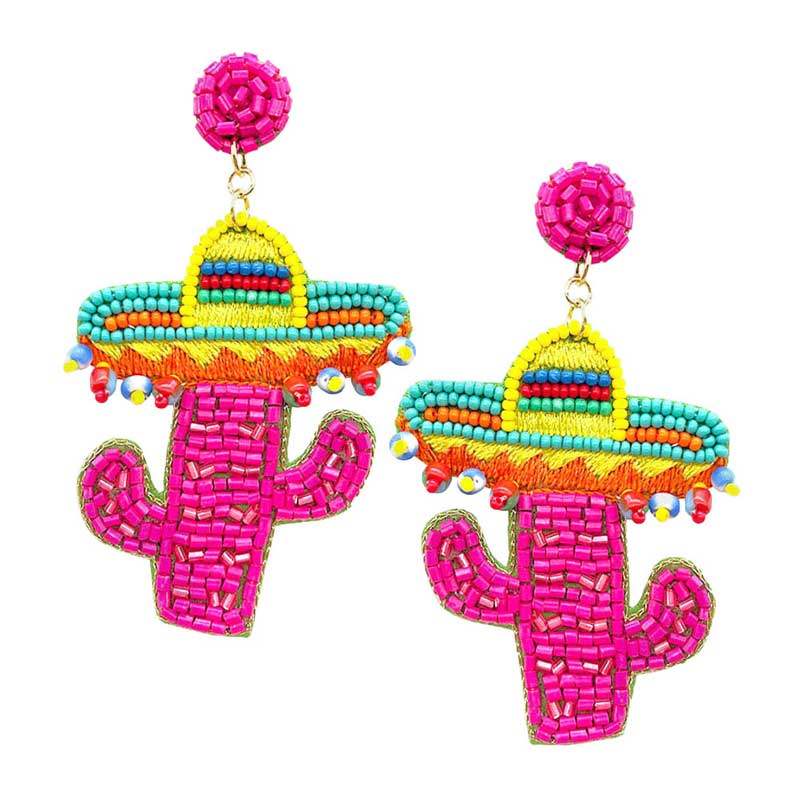 Felt Back Multi Beaded Hat Cactus Dangle Earrings - Madeline Love - Flyclothing LLC