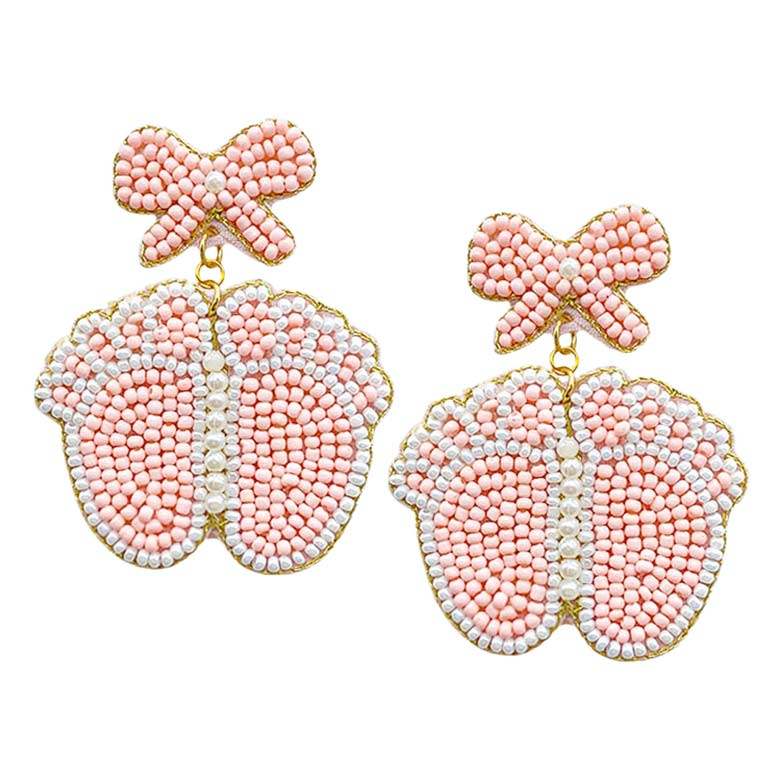Felt Back Pearl Beaded Bow Baby Foot Dangle Earrings - Madeline Love - Flyclothing LLC