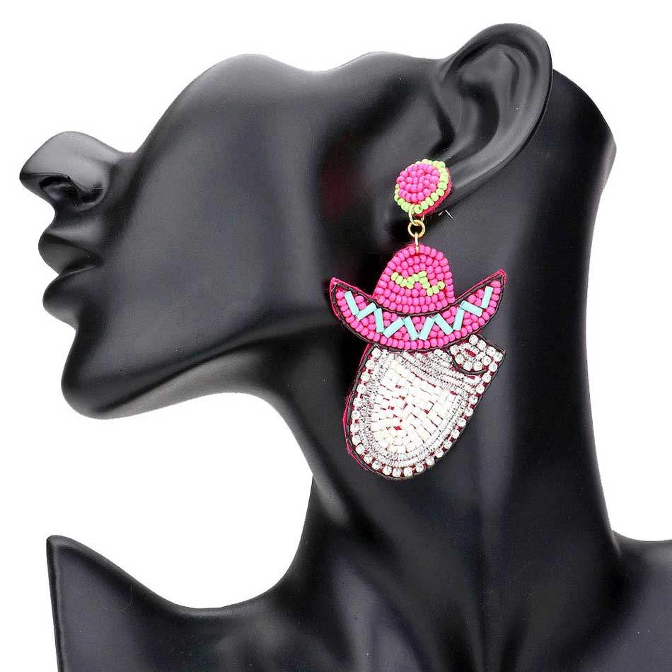 Felt Back Seed Beaded Cowboy Hat Accented Dangle Earrings - Madeline Love - Flyclothing LLC