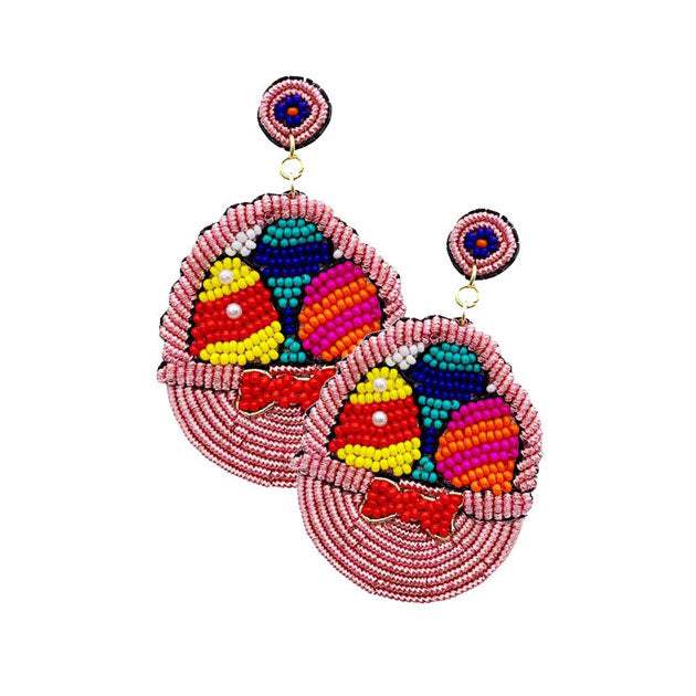 Felt Back Seed Beaded Easter Egg Basket Dangle Earrings - Madeline Love - Flyclothing LLC