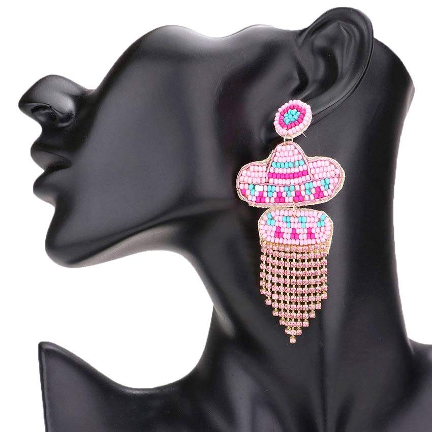 Felt Back Seed Beaded Hat Rhinestone Fringe Dangle Earrings - Madeline Love - Flyclothing LLC