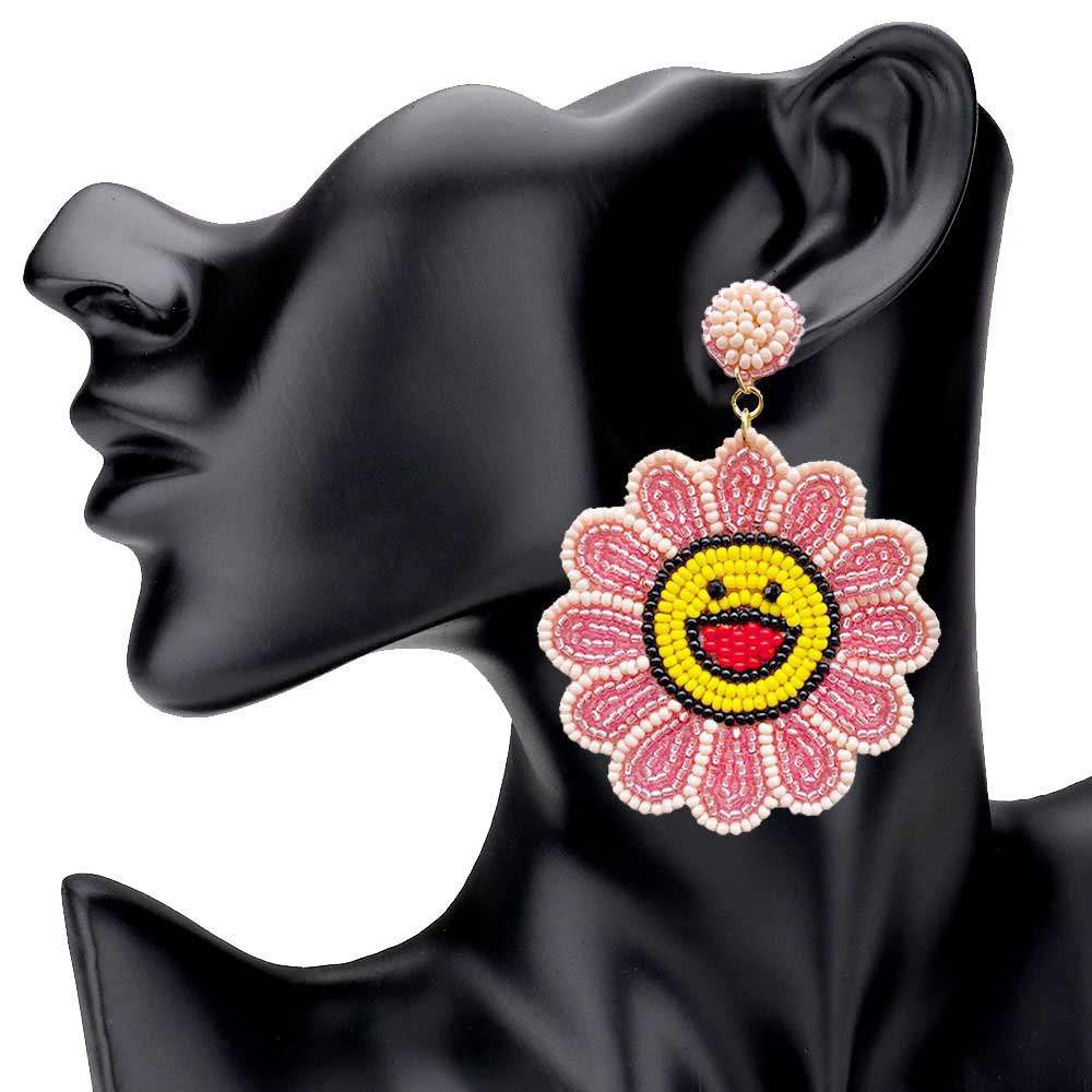 Felt Back Seed Beaded Smile Flower Dangle Earrings - Madeline Love - Flyclothing LLC