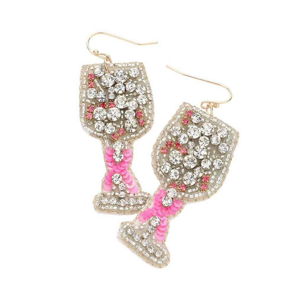 Felt Back Sequin Pink Ribbon Pointed Stone Wine Earrings - Madeline Love - Flyclothing LLC