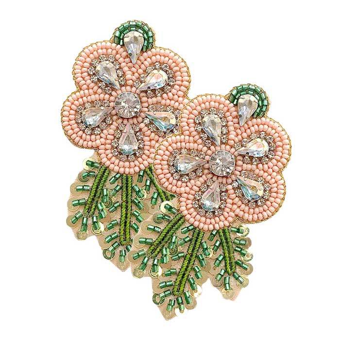 Felt Back Sequin Stone Seed Beaded Flower Leaf Earrings - Madeline Love - Flyclothing LLC