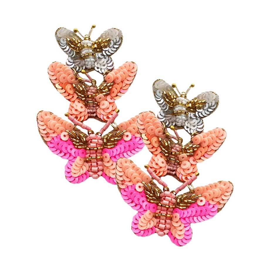 Felt Back Sequin Triple Butterfly Link Dangle Earrings - Madeline Love - Flyclothing LLC