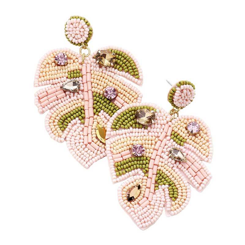 Felt Back Stone Embellished Seed Beaded Leaf Dangle Earring - Madeline Love - Flyclothing LLC