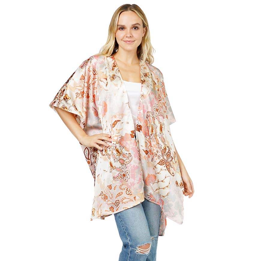 Floral Patterned Satin Cover Up Kimono Poncho - Madeline Love - Flyclothing LLC