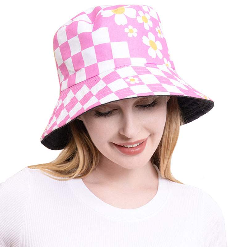 Flower Pointed Checkerboard Patterned Bucket Hat - Madeline Love - Flyclothing LLC