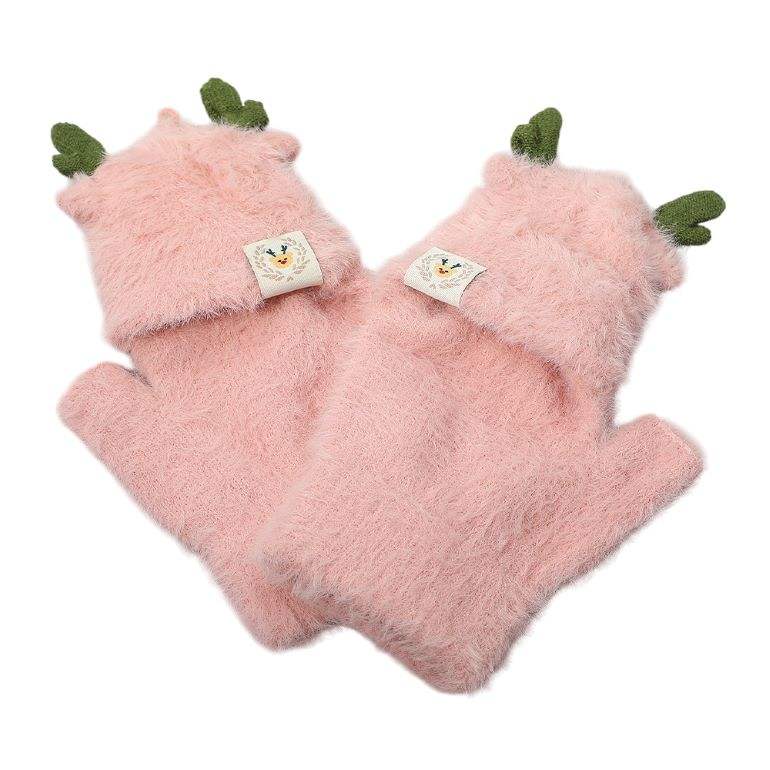 Fuzzy Reindeer Ear Fingerless Flap Winter Gloves - Madeline Love - Flyclothing LLC