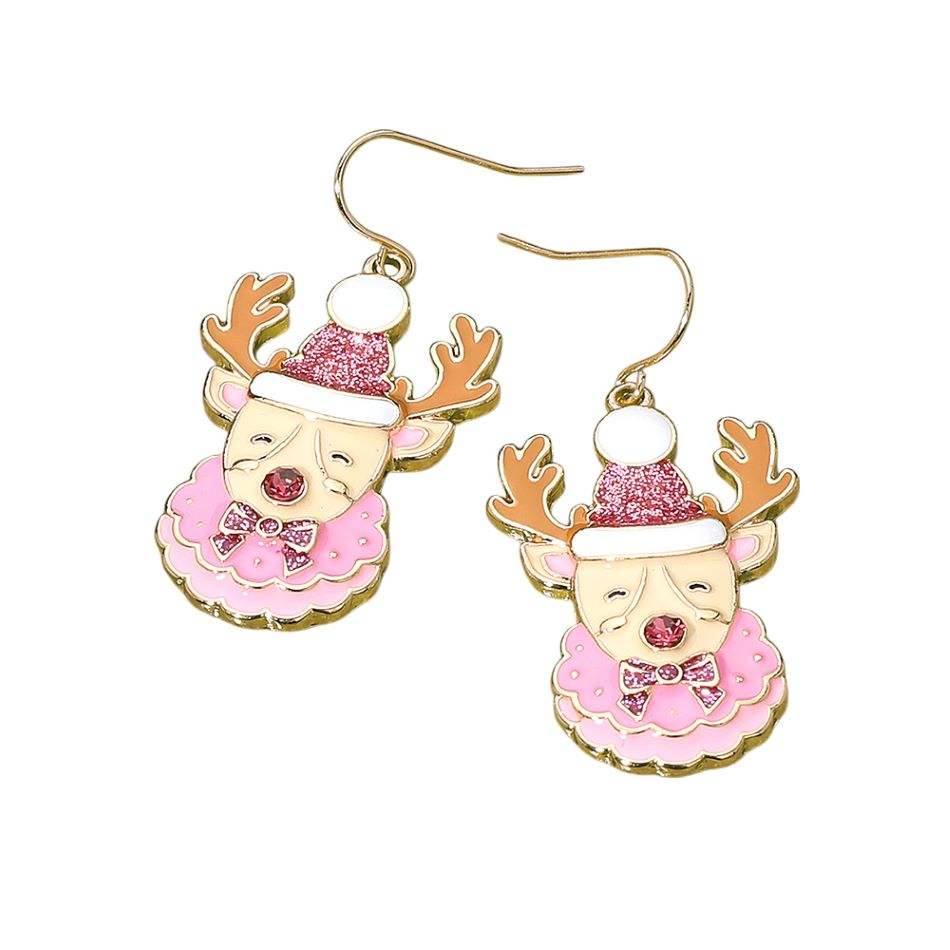 Glittered Enamel Christmas Reindeer Dangle Earrings - Madeline Love - Flyclothing LLC