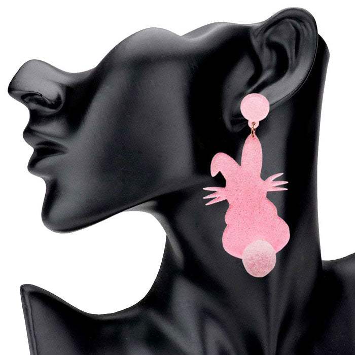 Glittered Resin Easter Bunny Pom Pom Tail Dangle Earrings - Madeline Love - Flyclothing LLC