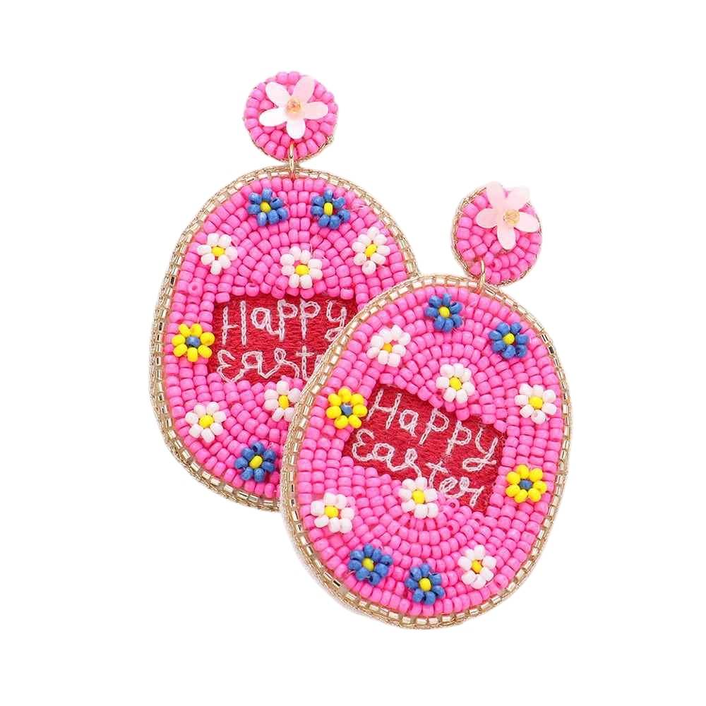 Happy Easter Message Felt Back Seed Beaded Egg Dangle Earrings - Madeline Love - Flyclothing LLC