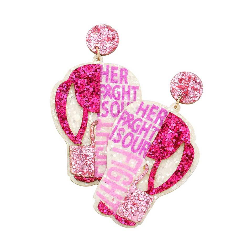 Her Fight Is Our Fight Message Pink Ribbon Glove Earrings - Madeline Love - Flyclothing LLC