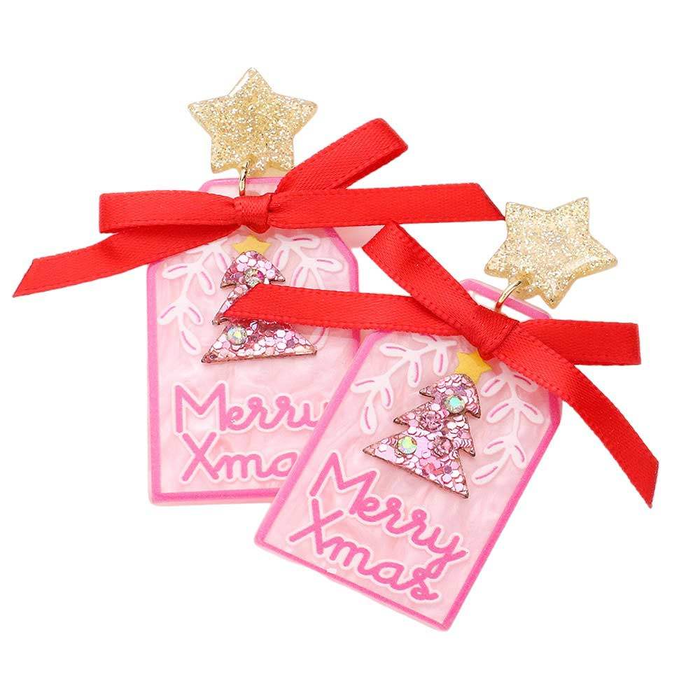 Merry Xmas Message Christmas Tree Ribbon Resin Earrings - Madeline Love - Flyclothing LLC