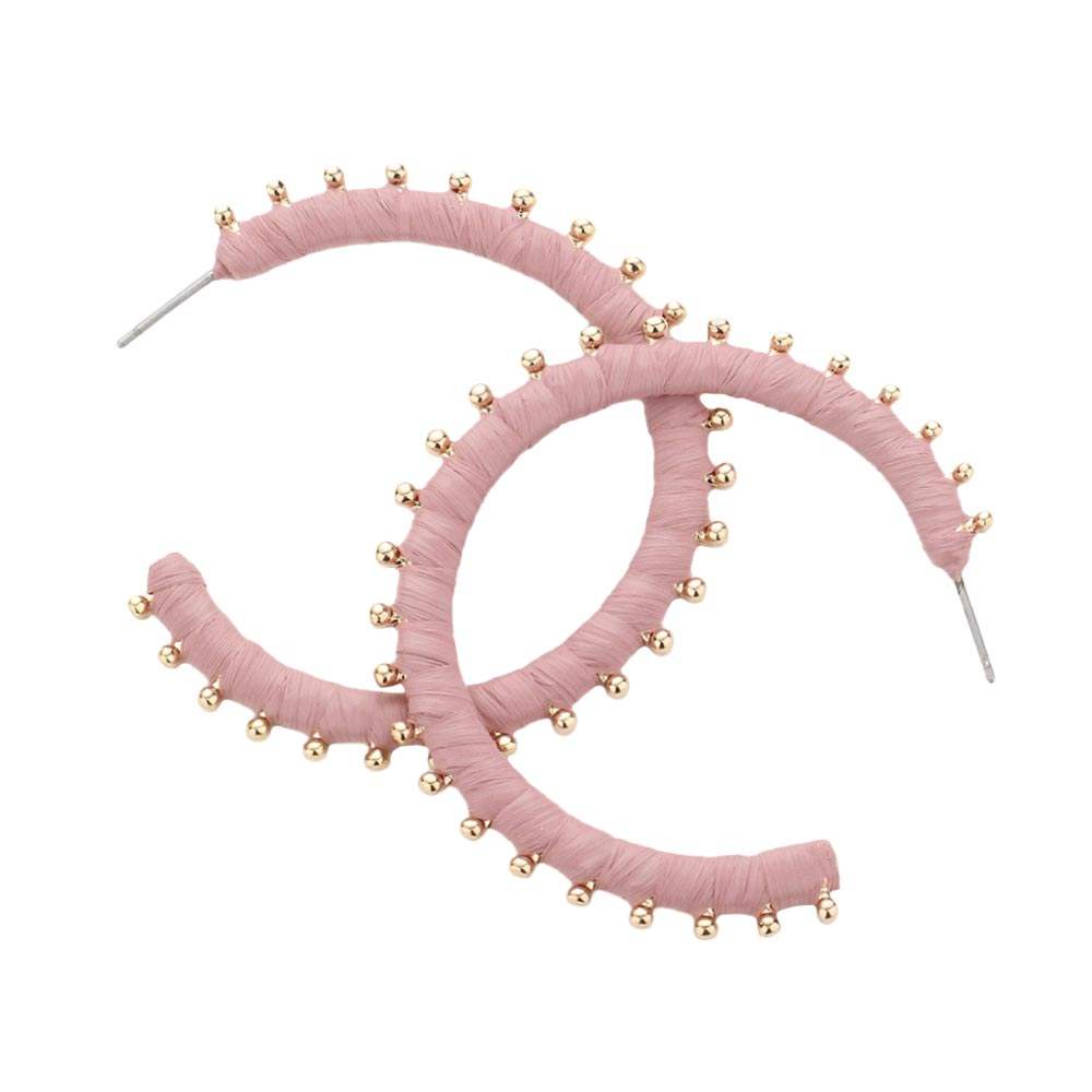 Metal Ball Trimmed Raffia Wrapped Hoop Earrings - Madeline Love - Flyclothing LLC