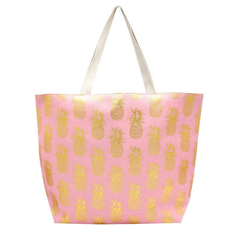 Metallic Pineapple Patterned Beach Tote Bag - Madeline Love - Flyclothing LLC