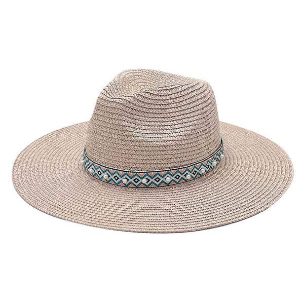 Pearl Embellished Aztec Band Panama Sun Hat - Madeline Love - Flyclothing LLC