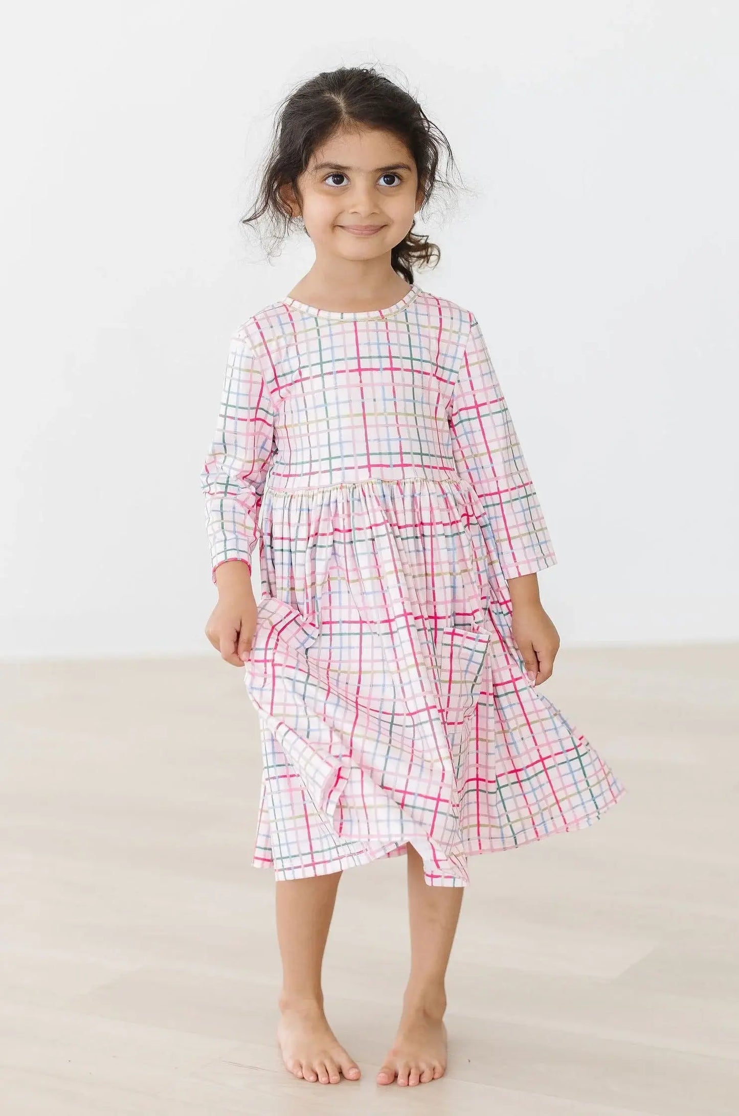 Pink Plaid 3/4 Sleeve Pocket Twirl Dress - Mila & Rose ® - Flyclothing LLC